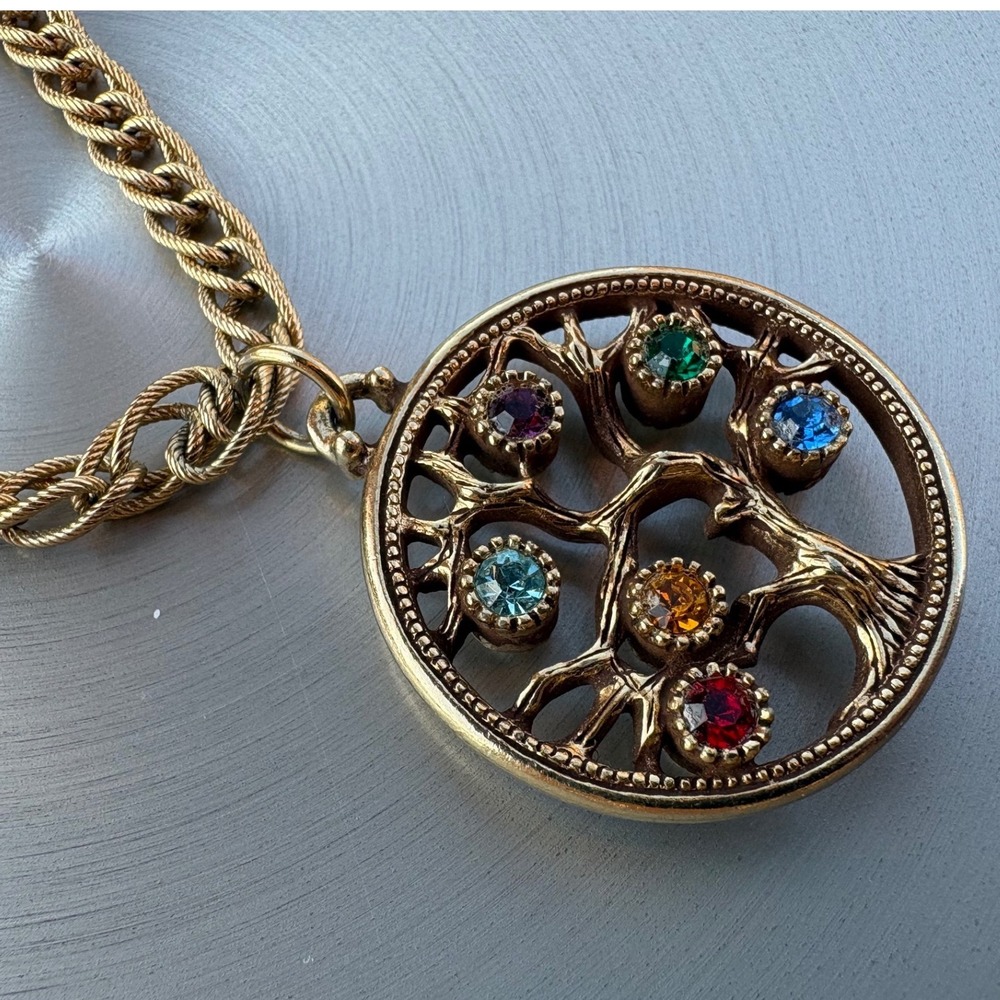 Vintage Gold Tone Reversible Tree of Life Pendant Necklace Pearl Crystal 15 In